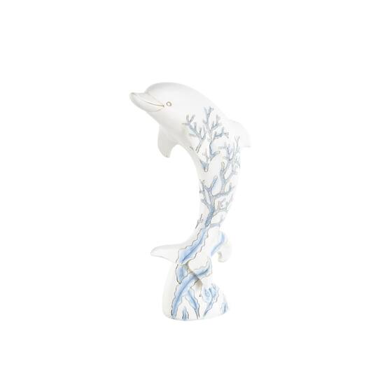 12" White with Blue Coral Pattern Curved Polystone Dolphin Sculpture